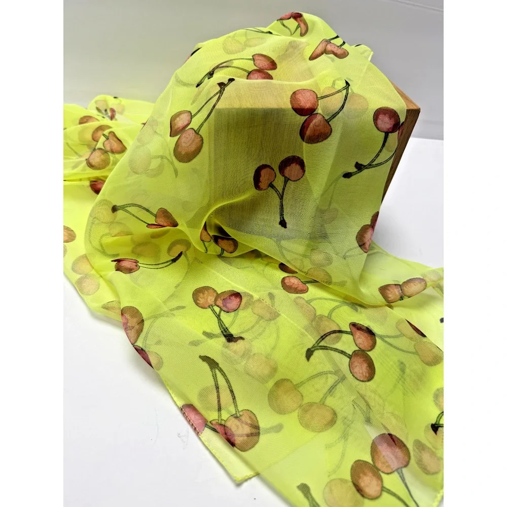 Sheer Cherry Print Scarf Yellow Fruit Novelty Y2K Retro Lightweight Wrap Scarf